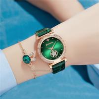Luksusowe kobiety moda 2022 zielone zegarki cechy diament Studded zegarek kwarcowy panie skórzane zegarki na rękę elegancki Montre Femme 3